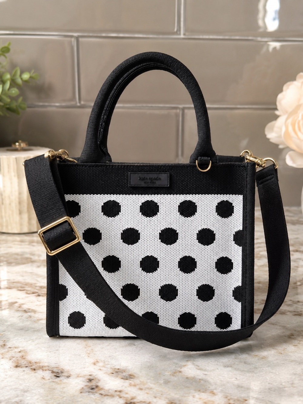 kate spade Black and White Polka Dot Canvas Tote with Strap